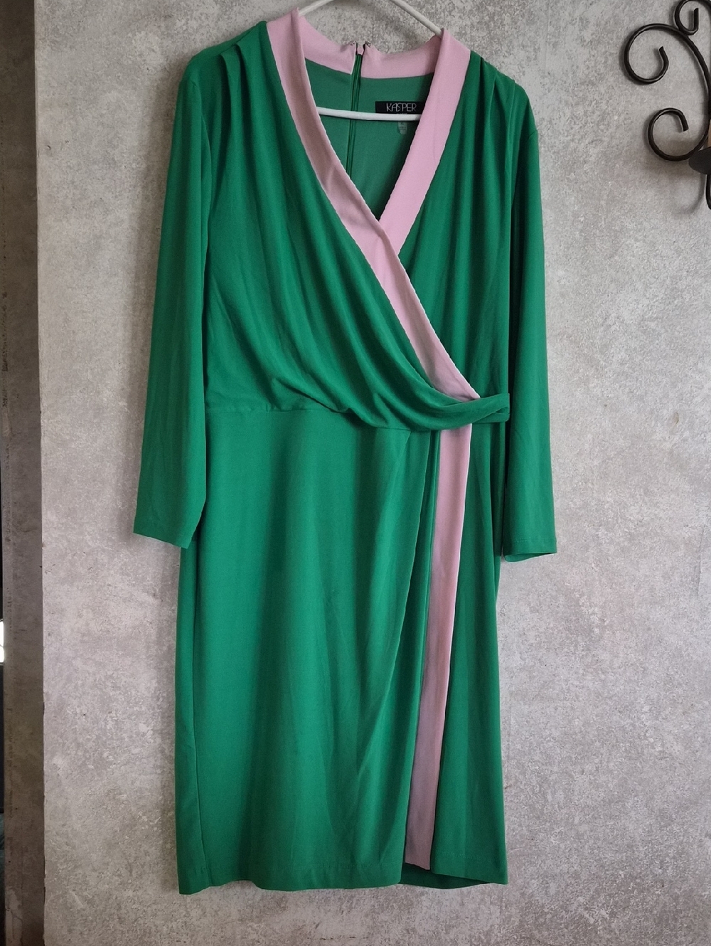 Kasper Green Long-Sleeve Wrap Dress with Pink Trim